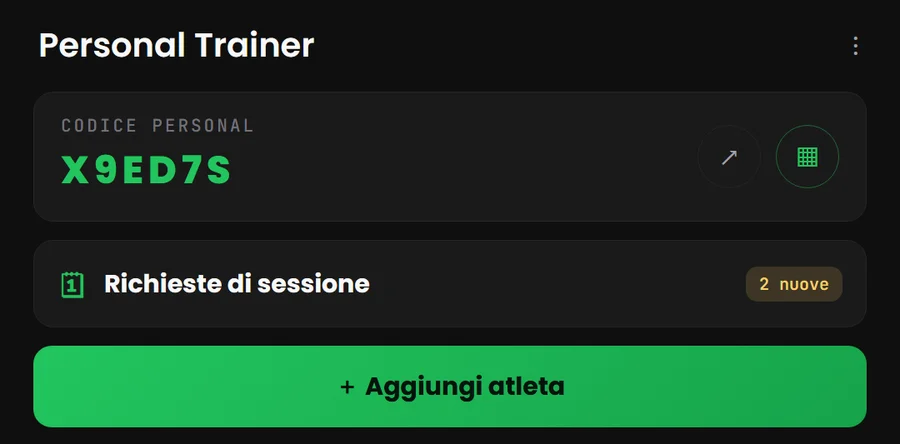 Pannello del personal trainer con il codice personale e le richieste di sessione