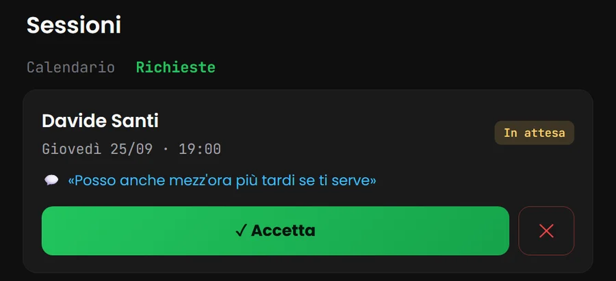 Richiesta di sessione per giovedì alle 19 con i pulsanti accetta e rifiuta