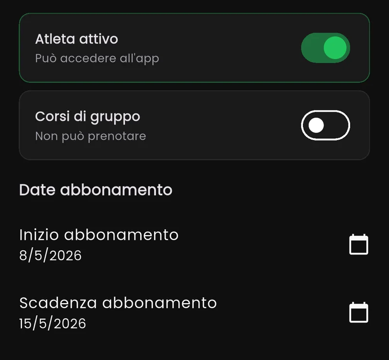 Date di abbonamento e certificato medico di un atleta
