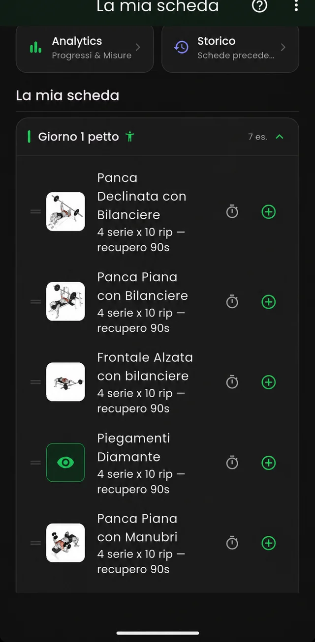 Scheda Giorno 1 petto con panca, frontale e piegamenti, 4 serie da 10 e 90 secondi di recupero