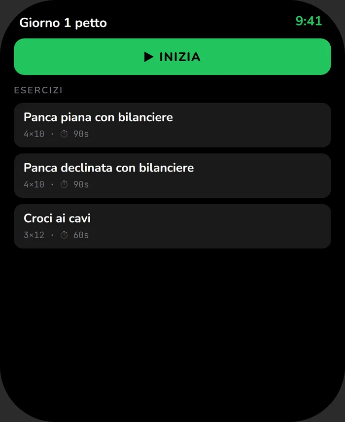 Apple Watch: scheda Giorno 1 petto con il pulsante inizia